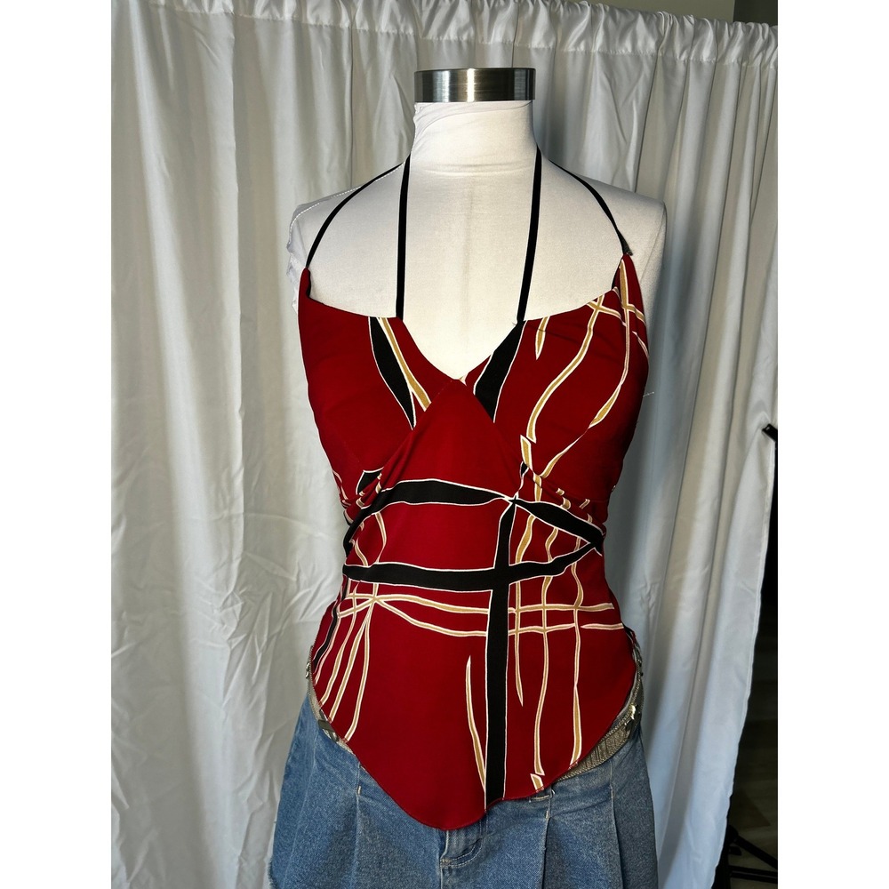 Red Geometric Print Halter Neck Handkerchief Top V-Neck Tie Back Sleeveless